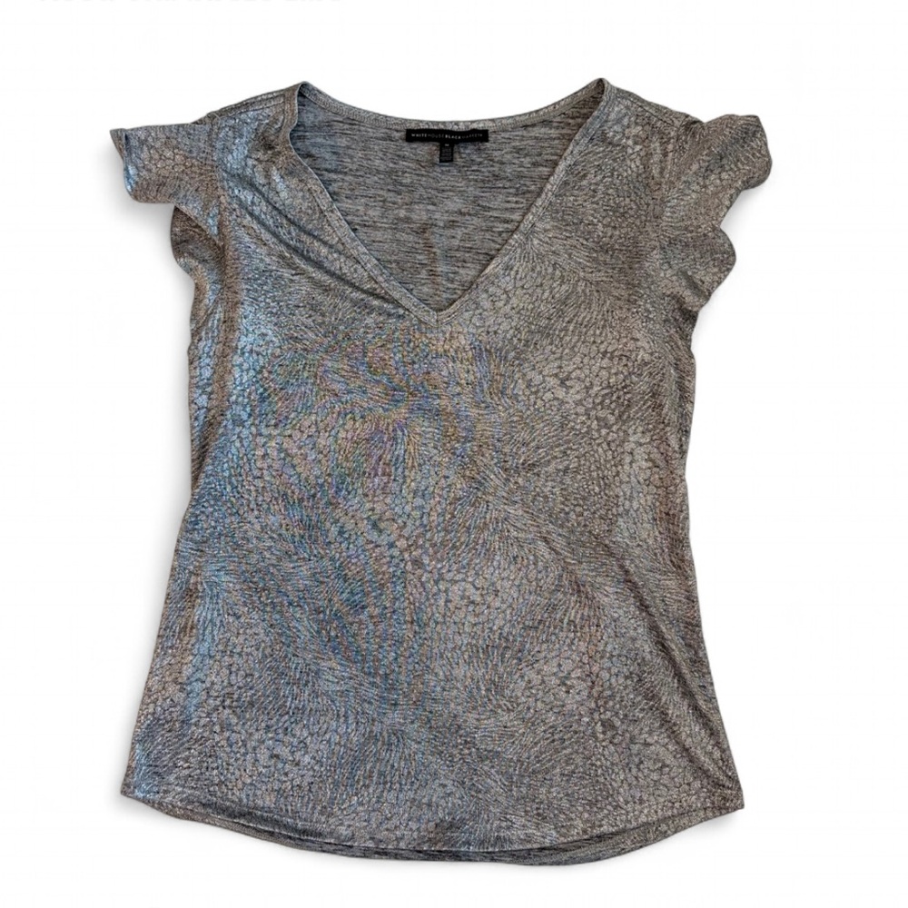 White House Black Market Silver Animal Print Flutter Sleeve V-neck Blouse
